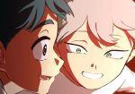  2boys alien_stage black_eyes black_hair commentary green_eyes grey_hair highres ivan_(alien_stage) looking_at_another male_focus multiple_boys oekakizukiyaro open_mouth red_pupils short_hair smile till_(alien_stage) very_short_hair 