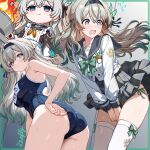  1girl adjusting_clothes adjusting_swimsuit alternate_costume apron armpit_crease ass black_hairband blush bow breasts bug closed_mouth collarbone embarrassed fire firefly firefly_(honkai:_star_rail) firefly_(spring_missive)_(honkai:_star_rail) frilled_apron frills green_bow grey_hair grey_skirt hair_between_eyes hair_ornament hairband hand_on_own_crotch highres honkai:_star_rail honkai_(series) large_breasts long_hair long_sleeves looking_back neckerchief official_alternate_costume one-piece_swimsuit open_mouth orange_neckerchief pink_eyes school_swimsuit school_uniform skirt smile sweat swimsuit thighhighs tokinin4 white_apron white_thighhighs 