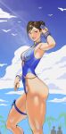  1girl absurdres armpits asymmetrical_bangs beach bead_bracelet beads belly_chain bird blue_flower blue_one-piece_swimsuit blue_rose bracelet breasts brown_hair center_opening chun-li cloud commentary cowboy_shot day double_bun earrings english_commentary flower hair_bun hair_flower hair_ornament half-pencil highres jewelry leg_ribbon lens_flare light_rays looking_at_viewer medium_breasts official_alternate_costume one-piece_swimsuit people ribbon rose seagull single_earring sky smile solo street_fighter street_fighter_6 sunbeam sunlight swimsuit thigh_bow thigh_ribbon thighs tree 