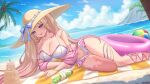  1girl artist_name ball beach beach_towel beachball bikini blonde_hair blue_eyes bottle breasts cleavage cloud coconut_tree collarbone earrings gradient_hair hat highres indie_virtual_youtuber innertube jewelry kacy_janna konyanart large_breasts long_hair multicolored_hair navel ocean palm_tree pink_hair purple_nails sand_castle sand_sculpture shadow shell sky solo sun_hat swim_ring swimsuit tongue towel tree virtual_youtuber white_bikini 