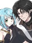  1boy 1girl bare_shoulders elf etain_(mabinogi) gloves half_gloves looking_at_another low_ponytail mabinogi nyomletian player_character_(mabinogi) pointy_ears ponytail sleeveless smile 
