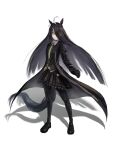  1girl absurdres ahoge animal_ears belt black_belt black_choker black_coat black_gloves black_shirt black_skirt choker closed_mouth coat collared_shirt ear_tag earrings floating_hair gloves hair_between_eyes hair_over_one_eye hair_ribbon highres horse_ears horse_girl horse_tail jewelry long_bangs long_hair long_hair_between_eyes manhattan_cafe_(umamusume) multicolored_hair nail_polish necktie open_clothes open_coat pleated_skirt ribbon shirt simple_background single_earring skirt smile solo standing tail thefatum umamusume very_long_hair white_background white_hair yellow_necktie 