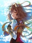  1girl alternate_eye_color animal_ear_fluff animal_ears armor armored_gloves black_dress blue_flag blunt_bangs blurry blurry_background breastplate brown_gloves brown_hair closed_mouth commentary_request dress elbow_gloves eyelashes flag floating_hair flying_teardrops from_behind gloves holding holding_flag komatsudesu22 layered_dress long_hair long_sleeves looking_at_viewer looking_back metal_arm_cuffs metal_hair_tubes metal_wrist_cuffs ocean orange_eyes own_hands_together raccoon_ears raccoon_girl raphtalia red_dress sleeveless sleeveless_dress smile solo striped_clothes striped_dress tate_no_yuusha_no_nariagari tearing_up two-tone_dress upper_body vertical-striped_clothes vertical-striped_dress white_dress 
