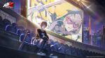  1girl absurdres arai_motoha artist_request baseball_bat baseball_stadium black_shirt black_socks blue_eyes closed_mouth copyright_name domino_mask grey_skirt highres hood hood_up long_sleeves mask masked miniskirt night official_art persona persona_5 persona_5:_the_phantom_x plaid_clothes plaid_skirt pleated_skirt red_mask school_uniform shirt shoes short_hair sitting skirt socks stadium teeth third-party_source white_shoes 
