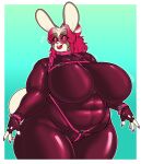 5_fingers anthro berri_(mr.pink) big_breasts bodysuit breasts clothed clothing curvy_figure eyewear female fingers glasses hair harness hi_res huge_breasts lagomorph leporid long_hair mammal mr.pink multicolored_hair overweight overweight_anthro overweight_female pink_hair portrait rabbit skinsuit solo standing teeth thick_thighs three-quarter_portrait tight_clothing two_tone_hair voluptuous white_hair wide_hips