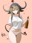  1girl :&lt; absurdres anger_vein arknights black_tail bottle breasts brown_hair chinese_commentary closed_mouth commentary_request cowboy_shot dated drink flower flower_on_head glass_bottle green_eyes grey_horns hair_between_eyes highres holding holding_bottle holding_drink horns looking_at_viewer medium_breasts medium_hair mixed-language_commentary no_pants pallas_(arknights) panties pink_background red_flower red_rose rose shirt short_sleeves simple_background solo standing sui_wo_qing_shan_qu t-shirt tail underwear variant_set white_panties white_shirt 