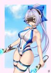  1girl bare_shoulders blue_bow blue_one-piece_swimsuit blue_sky blush bow breasts controller fate/grand_order fate_(series) guriguri_(arayotto4351) hair_bow head-mounted_display headset highleg highleg_one-piece_swimsuit highres large_breasts long_hair one-piece_swimsuit ponytail sky smile solo swimsuit thigh_strap thighs tomoe_gozen_(fate) tomoe_gozen_(swimsuit_saber)_(first_ascension)_(fate) two-tone_swimsuit white_hair white_one-piece_swimsuit wristband 