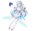  1girl ahoge aoi_minato_(vtuber) blue_dress blue_eyes blue_hair blue_sleeves blush bracelet breasts cleavage colored_inner_hair coral_hair_ornament detached_sleeves dolphin dress full_body gradient_hair hair_between_eyes hair_ornament heterochromia highres holding holding_tray jewelry large_breasts long_hair looking_at_viewer luminaria_pro multicolored_hair myusha official_art pink_hair pink_shoes shell_hair_ornament shoes solo star_(symbol) star_hair_ornament streaked_hair thighhighs tray white_thighhighs yellow_eyes 