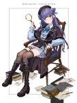  1girl absurdres black_boots black_hat black_skirt black_thighhighs blue_eyes blue_ribbon blue_shirt blue_skirt blunt_bangs book boots brooch capelet center_frills chair commentary_request frilled_skirt frills hair_rings half-skirt hat highres holding holding_magnifying_glass indie_virtual_youtuber jewelry knee_boots lapel_pin lapels long_hair looking_at_viewer magnifying_glass neck_ribbon nib_pen_(object) notched_lapels on_chair pen plaid_clothes plaid_hat plaid_skirt platform_boots puffy_sleeves purple_hair quill ribbon second-party_source shirt shirt_tucked_in shoe_buckle sidelocks sitting skirt solo thigh_strap thighhighs two-tone_hat virtual_youtuber yayamugi_(vtuber) yutsumoe 