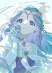  1girl :3 blue_eyes bow brooch circlet closed_mouth collarbone criss-cross_straps cure_earth dot_nose dress earrings eyelashes floating_hair frills fuurin_asumi gloves gold_circlet hair_bow hair_ornament happy healin&#039;_good_precure highres holding holding_own_hair jewelry light_particles long_hair magical_girl neckerchief precure purple_dress purple_hair shipu_(gassyumaron) short_sleeves smile solo sphere_earrings tareme upper_body upturned_eyes very_long_hair water wavy_hair white_background white_bow white_gloves white_neckerchief white_sleeves wing_hair_ornament 