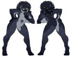 anthro anus big_breasts black_body black_fur breasts butt claws female fur genitals hi_res huge_breasts hyena mammal muscular muscular_anthro narita_vilores nipples one_eye_closed open_mouth plump_labia rear_view scar solo spots unposturedfile vulva wink