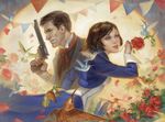  1girl ascot bandages bioshock bioshock_infinite bird blue_eyes booker_dewitt brown_hair elizabeth_(bioshock_infinite) flower gun handgun hummingbird revolver rose short_hair weapon 