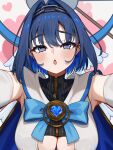  1girl absurdres black_shirt blue_bow blue_bowtie blue_cape blue_eyes blue_hair bow bow_earrings bowtie breasts brooch cape chain chain_headband colored_inner_hair commentary cropped_shirt earrings fanged_bangs h4kuuua_0 hair_intakes halo heart heart-shaped_gem heart-shaped_pupils highres hololive hololive_english jewelry large_breasts looking_at_viewer mechanical_halo multicolored_hair open_mouth ouro_kronii ouro_kronii_(1st_costume) pinstripe_pattern pinstripe_shirt reaching reaching_towards_viewer shirt short_hair solo symbol-shaped_pupils teeth underboob upper_teeth_only veil vest virtual_youtuber white_veil white_vest 