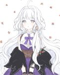  1girl ahoge bare_shoulders grey_hair hair_intakes long_hair mabinogi mbibetty multicolored_eyes purple_ribbon ribbon rowan_(mabinogi) simple_background two-tone_eyes yellow_eyes 