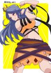  1girl absurdres arm_ribbon arm_up breasts chirizuka_ubame clenched_hand clenched_hands crown flexing fossilized_wonders headpiece highres orange_skirt pamu_art purple_eyes ribbon skirt smile solo touhou yellow_background 