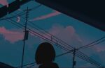  1girl blue_sky cloud cloudy_sky commentary_request crescent_moon dark ele_artworks highres minimalism moon original outdoors power_lines scenery short_hair signature silhouette sky solo sunset utility_pole 