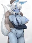  1boy 1girl :&lt; absurdres areola_slip behind_another bikini black_bikini black_gloves black_hair blue_horns blue_nipples breasts closed_mouth colored_nipples colored_skin covered_nipples cowboy_shot crossed_arms dark-skinned_male dark_skin elbow_gloves extra_ears furrowed_brow ginkaku_(kemono_friends) gloves grabbing_another&#039;s_ass grabbing_another&#039;s_breast grabbing_from_behind grey_skin groping hair_tubes half-closed_eyes hetero hex_tails highres horns huge_breasts huge_nipples kemono_friends kemono_friends_3 large_areolae looking_at_another medium_hair micro_bikini multicolored_hair multicolored_horns nipples one_breast_out oni puffy_nipples shibori_kasu shiny_skin simple_background single_horn skindentation slit_pupils solo_focus string_bikini sweat swimsuit tail thighhighs trembling two-tone_hair two-tone_horns white_hair yellow_eyes 