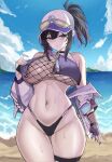  1girl absurdres bare_shoulders beach bikini bird black_bikini black_hair black_survival blue_nails blue_sky breasts breasts_apart cloud colored_inner_hair commentary crop_top day eternal_return:_black_survival eyewear_on_head fingerless_gloves fishnet_gloves fishnet_top fishnets gloves halterneck hand_on_own_chest hand_up hat highleg highleg_bikini highres jacket k.dogo large_breasts long_hair looking_at_viewer mole mole_under_eye mountainous_horizon multicolored_hair nail_polish navel ocean off_shoulder official_alternate_costume outdoors ponytail purple_eyes purple_gloves purple_hair sidelocks single_glove sky solo standing stomach sunglasses swimsuit thigh_strap thighs tinted_eyewear tsubame_(black_survival) wet white_hat white_jacket 