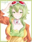  1girl absurdres arms_up border breasts collarbone detached_sleeves goggles goggles_on_head green_border green_eyes green_hair grin gumi highres jacket long_hair looking_at_viewer orange_jacket red_goggles shirt short_hair short_hair_with_long_locks skellychan smile solo vocaloid white_background 