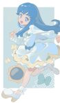  1girl absurdres ankle_bow anklet aqua_background bare_legs blue_bow blue_eyes blue_hair border bow bow_skirt circle_skirt clenched_hand colored_eyelashes cross-laced_shoes dress floating_clothes floating_hair frilled_skirt frills full_body halftone halftone_background happinesscharge_precure! happy high_heels highres jewelry leg_up light_blush long_hair long_sleeves open_mouth outside_border precure puffy_long_sleeves puffy_sleeves pumps running shipu_(gassyumaron) shirayuki_hime shoes short_dress sidelocks skirt skirt_under_dress smile solo straight_hair tareme very_long_hair waist_bow white_border white_bow white_dress white_shoes yellow_skirt 