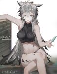  1girl :d absurdres animal_ears aqua_eyes arknights bare_arms bare_shoulders breasts chinese_commentary commentary_request covered_collarbone crop_top crossed_bangs da_dun_dozedove dated feet_out_of_frame food hair_between_eyes highres holding holding_food holding_popsicle lappland_(arknights) material_growth medium_breasts midriff navel no_pants open_mouth oripathy_lesion_(arknights) partial_commentary popsicle signature sitting skin_tight sleeveless smile solo white_background wolf_ears wolf_girl 