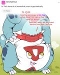 absurd_res ageplay ambiguous_gender animate_inanimate anthro blue_body bunnykisses clothed clothing diaper diaper_creature duo front_view hand_on_hip hi_res infantilism looking_up open_mouth open_smile red_diaper roleplay smile standing wearing_diaper white_diaper yellow_eyes