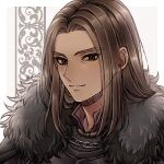  1boy armor brown_eyes brown_hair chain commentary_request dragon_quest dragon_quest_x fur_shawl kuro11_222 long_hair looking_at_viewer looking_to_the_side lowres male_focus mature_male padre_(dq10) parted_hair portrait shawl smile solo white_background 