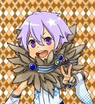  1boy :d argyle_background argyle_clothes argyle_shirt blue_nails blush brown_background commentary_request detached_sleeves fingernails fur_collar looking_at_viewer male_focus meiko_(nattu303) open_mouth purple_eyes purple_hair ragnarok_online shirt short_hair smile solo sorcerer_(ragnarok_online) upper_body v v-shaped_eyebrows white_shirt white_sleeves 