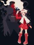  1girl beanie black_background black_hair blue_eyes blue_hair boots breasts coat darkrai dawn_(pokemon) hair_ornament hairclip hat highres long_hair mikakami1e open_mouth pink_boots poke_ball_print pokemon pokemon_(creature) pokemon_dppt pokemon_platinum red_coat scarf simple_background smile white_hat white_scarf 