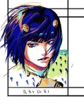  1boy blue_hair blunt_bangs bruno_bucciarati clothing_cutout commentary_request eyelashes highres jojo_no_kimyou_na_bouken korean_commentary looking_to_the_side lower_eyelashes_only male_focus parted_lips patterned_clothing short_hair sideways_glance solo teeth vento_aureo worker_17287 