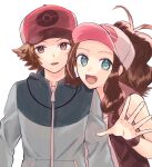  1boy 1girl backwards_hat baseball_cap black_vest blue_jacket brown_eyes brown_hair enamo_(dcah) exposed_pocket green_eyes hat high_ponytail highres hilbert_(pokemon) hilda_(pokemon) jacket poke_ball_print pokemon pokemon_bw ponytail vest wristband zipper_pull_tab 