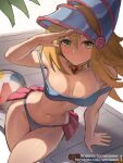 1girl alternate_costume arm_support artist_name ball beachball bikini blonde_hair blue_bikini blush boosty_username breasts breasts_apart closed_mouth collar cowboy_shot crossed_legs dark_magician_girl day double-parted_bangs double_strap_slip frilled_bikini_bottom green_eyes hair_between_eyes hand_up highres large_breasts long_bangs long_hair looking_at_viewer metal_collar navel outdoors patreon_username phrygian_helmet pier shading_eyes shadow simple_background sitting solo stomach sunlight swimsuit wand wersman white_background yu-gi-oh! 