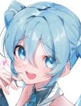  1girl absurdres aqua_eyes aqua_hair aqua_necktie bare_shoulders blue_eyes blue_hair blush close-up collared_shirt grey_shirt hair_between_eyes hatsune_miku heart highres ketyara looking_to_the_side looking_up necktie open_mouth shirt sleeveless smile solo vocaloid white_background 