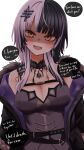  1girl black_choker black_coat black_dress black_hair blush breasts choker cleavage coat dress earrings english_text grey_hair highres hololive hololive_english jewelry large_breasts long_hair looking_at_viewer multicolored_hair natsume_mina open_mouth shiori_novella shiori_novella_(1st_costume) solo speech_bubble split-color_hair two-tone_hair virtual_youtuber yellow_eyes yorick_(shiori_novella) 