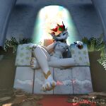 3d_(artwork) absurd_res anthro chair clothed clothing coin collar crown diaper diaper_fetish digital_media_(artwork) fur furniture gold_(metal) headgear hi_res huge_filesize king kobold looking_at_viewer male money plant roleplay royalty scalie sitting snubbyarts solo throne throne_room wearing_diaper white_body