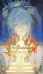  1girl 1other blood blood_on_face blood_on_flower bouquet chess_piece crown flower highres holding holding_crown open_mouth original oxi206 suit white_hair white_suit 