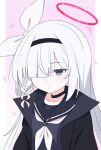  1girl :/ black_choker black_coat black_hairband black_sailor_collar black_shirt blue_archive blunt_bangs blush bow braid choker closed_mouth coat collarbone colored_inner_hair commentary expressionless gradient_background grey_eyes hair_bow hair_ornament hair_over_one_eye hairband halo hayoo_ww highres long_hair multicolored_hair neckerchief open_clothes open_coat outside_border parted_bangs pillarboxed pink_background pink_hair plana_(blue_archive) red_halo red_pupils sailor_collar sailor_shirt school_uniform serafuku shirt simple_background single_braid single_sidelock solo triangle_background two-tone_hair upper_body white_bow white_hair white_neckerchief 