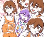  +_+ 2boys bailan1130 blush bright_pupils brown_eyes brown_hair closed_mouth clothes_lift collarbone dual_persona grin highres kel_(faraway)_(omori) kel_(headspace)_(omori) kel_(omori) looking_at_viewer lower_teeth_only male_focus multiple_boys omori one_eye_closed open_mouth purple_eyes purple_hair shirt_lift short_hair sketch smile teeth white_pupils 