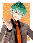  1boy ^_^ black_shirt blush blush_stickers border clenched_teeth closed_eyes collared_shirt dog_bow_wow fingernails green_hair grey_jacket grin hair_between_eyes hand_up head_tilt hypnosis_mic jacket long_sleeves male_focus multicolored_hair necktie number_four_(asl) nurude_sasara open_clothes open_jacket orange_background orange_necktie outline outside_border outstretched_arm plaid_suit pocket_square print_necktie shirt short_hair smile solo suit_jacket teeth upper_body v-shaped_eyebrows white_border white_outline wispy_bangs yellow_background 