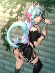 absurd_res against_surface against_wall ahegarou animal_humanoid biped blue_ears blue_eyes blue_hair blue_tail bottomwear bow_ribbon bulge bulge_from_behind cat_humanoid choker clothed clothing crossdressing felid felid_humanoid feline feline_humanoid femboy fire_emblem fire_emblem_engage garter_straps hair hi_res humanoid jewelry legwear looking_at_viewer looking_back male male_humanoid mammal mammal_humanoid necklace nintendo raised_tail rosado_(fire_emblem) skirt solo tail thigh_highs underwear