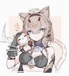  1girl absurdres animal_ear_fluff bikini black_bikini black_gloves blue_eyes breasts brown_hair can_(honkai_impact) cat_girl cat_tail cleavage commentary_request error1980 gloves green_eyes heterochromia highres honkai_(series) honkai_impact_3rd large_breasts multicolored_hair pardofelis pardofelis_(reverist_calico) short_hair swimsuit tail tongue tongue_out two-tone_hair upper_body 