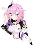  1girl blue_eyes breasts character_name cleavage commentary corset cropped_torso doremifasorachi elf elysia_(honkai_impact) elysia_(miss_pink_elf)_(honkai_impact) english_commentary hair_ornament honkai_(series) honkai_impact_3rd large_breasts long_hair looking_at_viewer pink_hair pointy_ears shrug_(clothing) simple_background smile solo white_background white_corset 