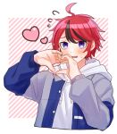  1boy black_hair blue_eyes blush commentary_request cropped_torso flying_sweatdrops hair_between_eyes heart heart_hands highres hood hood_down hoodie jacket long_sleeves looking_at_viewer male_focus momo_(momo_2muco) multicolored_hair open_clothes open_jacket open_mouth red_hair simple_background solo streaked_hair sumino_takumi sweat the_hundred_line_-last_defense_academy- upper_body white_hoodie 