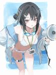  arknights bikini black_hair border breasts commentary cowboy_shot death_unagi goggles goggles_around_neck grey_eyes hair_between_eyes hair_ornament hairclip hand_on_own_hip highres holding holding_megaphone jacket la_pluma_(arknights) la_pluma_(summer_flowers)_(arknights) lanyard leaning leaning_forward long_sleeves looking_at_viewer medium_breasts megaphone navel off_shoulder official_alternate_costume outside_border parted_lips short_hair standing sweat swimsuit thigh_strap white_bikini white_border white_jacket 