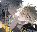  2boys antenna_hair blonde_hair blush collarbone couple dark-skinned_male dark_skin from_side grey_hair hair_between_eyes heavy_breathing highres holding_another&#039;s_wrist honkai_(series) korean_commentary leaning_forward looking_at_another looking_down looking_up male_focus multiple_boys multiple_scars muscular muscular_male nanook_(honkai:_star_rail) orange_eyes parted_lips phainon_(honkai:_star_rail) pin3909 scar scar_on_face short_hair simple_background spiked_hair sweat tongue tongue_out upper_body white_background yaoi yellow_blood 