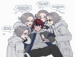 5boys ahoge anger_vein aotsuki_eito black_gloves black_pants black_streaks blue_jacket blue_pupils blush closed_eyes commentary drawstring english_commentary english_text facing_another glasses gloves grey_hair grey_jacket hand_on_another&#039;s_arm hood hoodie jacket jacket_over_hoodie looking_at_another male_focus multicolored_hair multicolored_jacket multiple_boys multiple_persona one_eye_closed pants pocket purple_eyes red_eyes red_hair scared short_hair simple_background smile speech_bubble spoilers streaked_hair sumino_takumi sunglasses the_hundred_line_-last_defense_academy- tsu_(lovesick1964) two-tone_jacket v white_hoodie white_jacket 