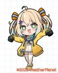  1girl :d ahoge appare_hinata black_neckerchief black_sailor_collar blue_collar blue_eyes blue_hair bow brown_hair chibi collar drawstring full_body grid_background hair_bow hair_ornament hairclip highres hood hood_down hooded_jacket jacket kadose_ara long_sleeves multicolored_hair neckerchief open_clothes open_jacket pleated_skirt puffy_long_sleeves puffy_sleeves sailor_collar school_uniform serafuku shirt shoes skirt sleeves_past_fingers sleeves_past_wrists smile solo standing star-shaped_pupils star_(symbol) streaked_hair symbol-shaped_pupils thighhighs twintails v-shaped_eyebrows virtual_youtuber weather_planet white_background white_serafuku white_shirt white_skirt white_thighhighs yellow_jacket yellow_shoes 
