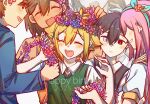  2girls 4boys antenna_hair aubrey_(faraway)_(omori) aubrey_(omori) bailan1130 basil_(faraway)_(omori) basil_(omori) black_eyes black_hair black_sweater_vest blonde_hair blue_hairband blue_sweater blush bright_pupils brothers brown_eyes brown_hair closed_eyes closed_mouth collared_shirt dark-skinned_male dark_skin dated flower green_sweater_vest grey_eyes grin hair_flower hair_ornament hairband happy_birthday head_wreath hero_(faraway)_(omori) hero_(omori) heterochromia highres jacket kel_(faraway)_(omori) kel_(omori) long_hair long_sleeves looking_at_another mari_(omori) mari_(spirit)_(omori) multiple_boys multiple_girls omori open_mouth pink_hair shirt short_hair short_sleeves siblings smile spoilers sunny_(omori) sweater sweater_vest teeth upper_teeth_only white_jacket white_pupils white_shirt 
