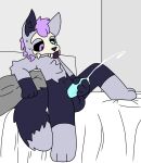 anthro balls bed big_balls blep blue_eyes blue_penis bodily_fluids bone cum cumshot ejaculation fur furniture genital_fluids genitals hair hi_res male mask masturbation narrowed_eyes penile penile_masturbation penis purple_body purple_fur purple_hair purple_tongue rileydied skit_(lifesaskit) skull skull_head skull_mask solo sweat tapering_penis tongue tongue_out