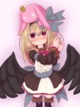  absurdres black_ribbon black_wings blonde_hair blush bound bound_legs bound_wrists dark_feather_alma dress emil_chronicle_online flying_sweatdrops frilled_skirt frills hair_ribbon highres purple_thighhighs red_eyes restrained ribbon rna0 skirt standing stuffed_toy sweatdrop thighhighs tied_up_(nonsexual) wings 